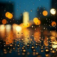 morbido messa a fuoco gocce di pioggia su bicchiere trasformare il notte paesaggio urbano fondale per sociale media inviare dimensione ai generato foto