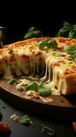 deliziosamente formaggio italiano Pizza fetta, con quattro formaggi e basilico verticale mobile sfondo ai generato foto