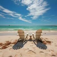litorale rilassamento spiaggia sedie su bianca sabbia sotto soleggiato blu cieli per sociale media inviare dimensione ai generato foto