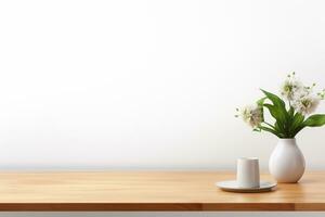 3d rendere di vaso con fiori su di legno tavolo contro bianca parete ai generato foto