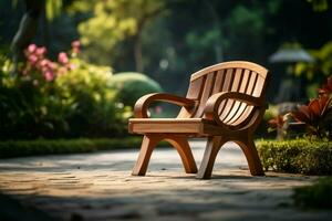 un' di legno giardino sedia, annidato nel il serenità di un' sfocato sfondo ai generato foto