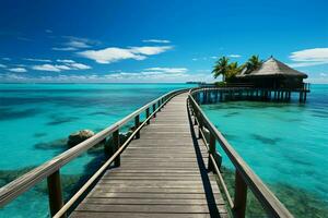 tropicale spiaggia fuga Maldive lusso ricorrere, vivido paesaggio marino, e la tranquillità ai generato foto