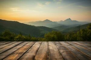 rustico di legno tavolo contro un' panoramico tramonto cielo e montagna fondale ai generato foto