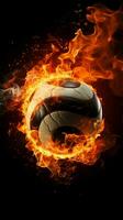 un' pallavolo Engulfed nel fiamme sta su contro un' nero sfondo verticale mobile sfondo ai generato foto