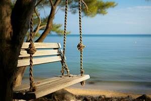 sereno di legno swing su un' albero, con il fondale di il mare ai generato foto