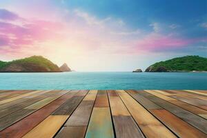 un vuoto di legno tavolo contro un' mare Visualizza con un' arcobaleno ai generato foto