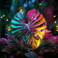 tropicale Monstera foglia bagnata nel vivace neon luce, un' 3d spettacolo per sociale media inviare dimensione ai generato foto