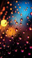 notti astratto ambiance finestra, sfocato luci, e colorato gocce di pioggia verticale mobile sfondo ai generato foto