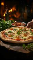 Esperienza artigianale Pizza artigianale di nostro talentuoso nel Casa capocuoco verticale mobile sfondo ai generato foto