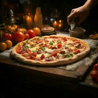 un' maestro chef squisito Pizza creazioni grazia il Hotel ristorante per sociale media inviare dimensione ai generato foto