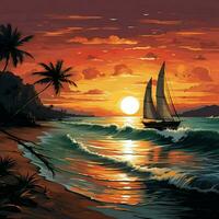 tramonto serenità, foderato di palma spiaggia, yacht su orizzonte catturato nel tranquillo vettore illustrazione per sociale media inviare dimensione ai generato foto