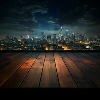 notturno paesaggio urbano sfocato cielo, di legno tavolo ornato di lontano edificio luci per sociale media inviare dimensione ai generato foto