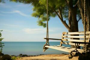 un' di legno swing si blocca a partire dal un' albero, prospiciente il tranquillo mare ai generato foto