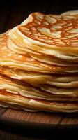 un' di legno sfondo vetrine magro Pancakes nel allettante vicino su verticale mobile sfondo ai generato foto