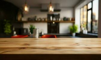 di legno tavolo su un' contemporaneo cucina sfondo con un' morbido sfocatura ai generato foto