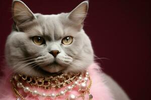 felino moda un' freddo gatto ostenta gioielleria su un' rosa tela ai generato foto