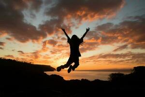 felicità nel silhouette un' giovane donna incorniciato di un' mozzafiato tramonto ai generato foto