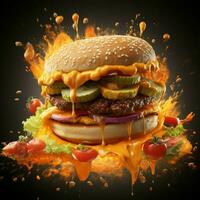 un' hamburger sfidando gravità, con stuzzicante condimenti assunzione volo per sociale media inviare dimensione ai generato foto