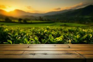 panoramico sfocatura tè piantagione tramonto dietro a un' di legno pavimento ambientazione ai generato foto
