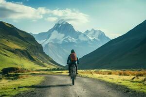 uomo nel blu giacca cicli in mezzo panoramico montagne, esplorando kazbegi nazionale parco ai generato foto