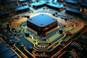 elettronico circuità intricatamente progettato su circuito tavole, guida tecnologico innovazioni ai generato foto