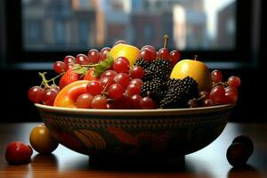 un' decorativo ciotola traboccante con un' varietà di delizioso frutta ai generato foto