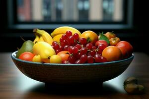 un' bellissimo ciotola traboccante con un' colorato e delizioso frutta ai generato foto