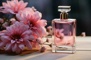 aromatico fascino rosa fiori complemento un' elegante rosa profumo bottiglia ai generato foto