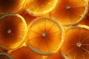 succoso arancia fette, inanellato e strutturato, nel travolgente retroilluminato composizione ai generato foto