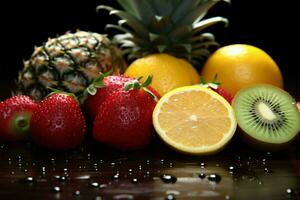 un' collezione di esotico frutta, in mostra acqua goccioline adornare il bordi ai generato foto