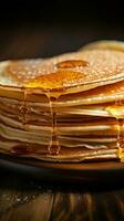 assaporare il dettaglio vicino su di delicato magro Pancakes su legna verticale mobile sfondo ai generato foto