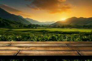 tramonto splendore al di sopra di tè piantagione visto attraverso un' di legno pavimento ai generato foto