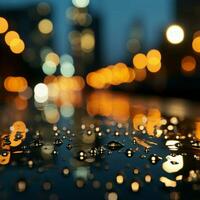 morbido messa a fuoco gocce di pioggia su bicchiere trasformare il notte paesaggio urbano fondale per sociale media inviare dimensione ai generato foto