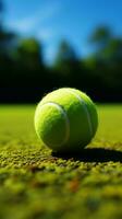 gioco su il verde Tribunale con un' vivace tennis palla verticale mobile sfondo ai generato foto