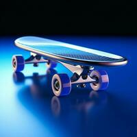 tavola nel messa a fuoco, vivace blu fondale migliora 3d reso elegante skateboard per sociale media inviare dimensione ai generato foto