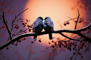 staglia piccioncini su un' ramo, un' simbolo di romanza e tenerezza ai generato foto