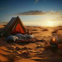serenità di il sabbie campeggio isolato nel deserti silenzioso vastità, rimosso a partire dal civiltà per sociale media inviare dimensione ai generato foto