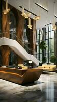 3d interpretazione di un' moderno lusso Hotel ufficio ricezione sala verticale mobile sfondo ai generato foto