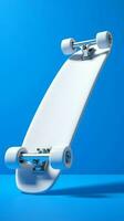 minimalista 3d rendere, bianca skateboard telaio su vivace blu sfondo verticale mobile sfondo ai generato foto