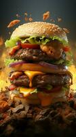 un' hamburger quello vola per nuovo altezza con suo unico componenti verticale mobile sfondo ai generato foto