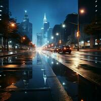 leggero sentieri su città strada con paesaggio urbano a notte per sociale media inviare dimensione ai generato foto