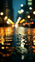 notturno paesaggio urbano attraverso pioggia maculato bicchiere, sfondo ammorbidito di sfocatura verticale mobile sfondo ai generato foto