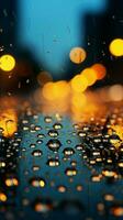 morbido messa a fuoco gocce di pioggia su bicchiere trasformare il notte paesaggio urbano fondale verticale mobile sfondo ai generato foto