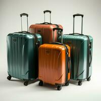 valigia insieme collezione di bagaglio visualizzato contro un' vuoto bianca ambientazione per sociale media inviare dimensione ai generato foto