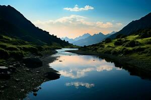 rurale montare valli selvaggio bellezza, con un' blu montagna lago ai generato foto