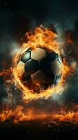 soccers fuoco, un' potente calcio propulsione il palla nel un' stadio verticale mobile sfondo ai generato foto
