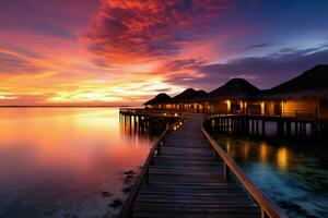 Maldive tramonto a lusso acqua ville, un' sognante spiaggia Paradiso ai generato foto