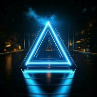 elegante neon design un' Impressionante blu triangolo elemento sta su per sociale media inviare dimensione ai generato foto