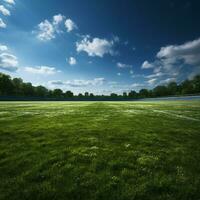 espansivo verde calcio campo, pronto per emozionante gli sport azione per sociale media inviare dimensione ai generato foto
