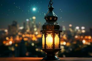santo mese ambiance lanterna, notte cielo, città luci per Ramadan ai generato foto